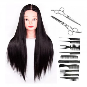 Kit frizerie pentru incepatori cu foarfeca tuns filat si manechin coafor, Brunet, Hair Scool - 02 - Img 1