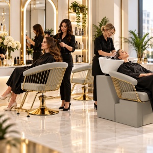 Mobilier Coafor Bej cu Gold, Scafă și Scaun Profesional - Img 2