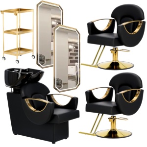 Mobilier coafor cu 2 scaune frizerie negre aurii si scafa coafor profesionala - Img 1