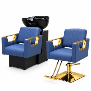 Mobilier frizerie lux cu scafă și scaun coafor profesional, Bleu cu Gold