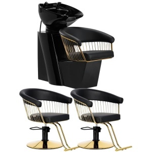 Mobilier salon coafura cu 2 scaune coafor si scafa frizerie, neagra cu auriu