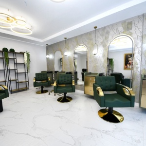 Pachet mobilier salon coafor verde smarald & gold – Set complet 6 piese premium cu scaun, scafa - Img 10