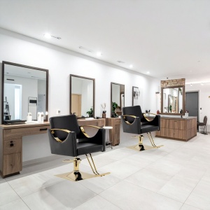 Scaun coafor negru cu auriu, hidraulic, reglabil pe inaltime, cu suport picioare - Img 4