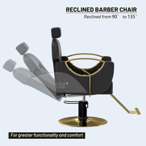 Scaun frizerie barber profesional, reglabil, cu tetiera, rabatabil pe spate, negru cu auriu - Img 5