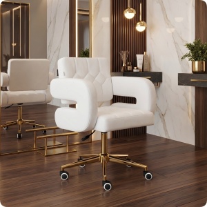 Scaun manichiuriste Luxos pentru salon infrumusetare, alb cu auriu, hidraulic, reglabil pe inaltime - Img 6