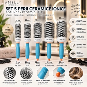 Set 5 Perii Coafor Profesionale Ceramice Ionice Rotunde Gri cu Albastru – 19, 25, 32, 45, 53 mm - Img 2