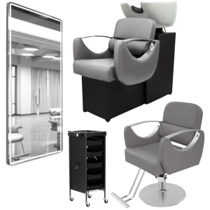 Set complet mobilier coafor cu scafa, scaun frizerie, oglinda LED, Gri cu Argintiu - Img 1
