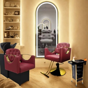 Set Complet Mobilier Coafor Luxos Bordo & Auriu – Scafa cu Scaun coafor rosu, Oglinda Led si Ucenic - Img 11