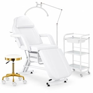 Set complet Mobilier Salon Cosmetică 4 Piese Alb Auriu | Pat cosmetica, Ucenic, Lampă LED, Taburet