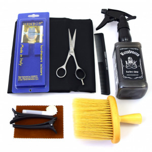Set frizerie coafor Henbor model Ario01, 8 piese, cu foarfeca de tuns, pelerina, pamatuf, pulverizator, piepten