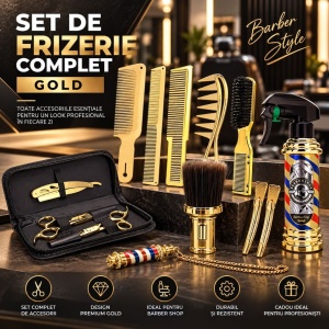 Set frizerie complet profesional cu foarfeca tuns filat, 14 piese, Gold auriu, Barber - Img 12