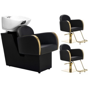 Set mobilier coafor cu scafa frizerie si 2 scaune coafor, negre cu finisaje aurii - Img 1