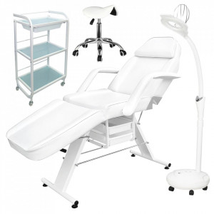 Set mobilier cosmetica cu Pat cosmetică BR010, ucenic cosmetica alb, lampa cosmetica cu lupa si scaun cosmetica