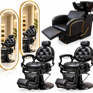 Set Mobilier Frizerie Negru cu Auriu | 2 scaune Barber Shop si scafa profesionala