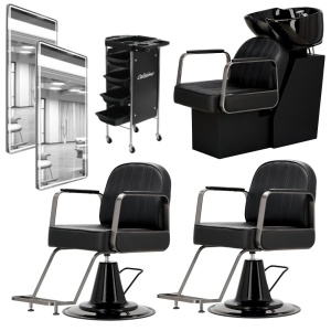 Set mobilier salon coafor cu scafa profesionala, 2 scaune frizerie si Oglinzi LED, Negru cu Argintiu - Img 1