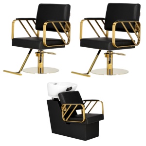 Set Mobilier salon frizerie cu 3 scaune coafor, 1 scafa, 3 oglinzi Led cu Auriu, 2 ucenici - Img 6