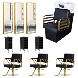 Set Mobilier salon frizerie cu 3 scaune coafor, 1 scafa, 3 oglinzi Led cu Auriu, 3 ucenici