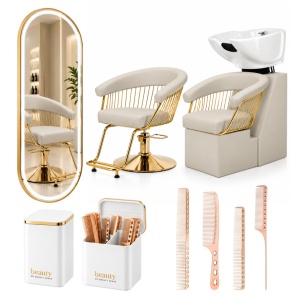 Set Mobilier salon înfrumusețare premium crem– scaun coafor bej, scafă profesională, oglinda Led 170x70cm