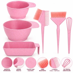 Set vopsit parul, 3 boluri gradate cu 3 pensule pentru vopsea de par, Roz pastel