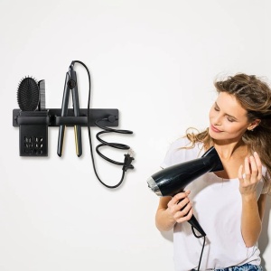 Suport de perete pentru uscator, placa de par, organizator frizerie, negru, 29x7x12cm - Img 5