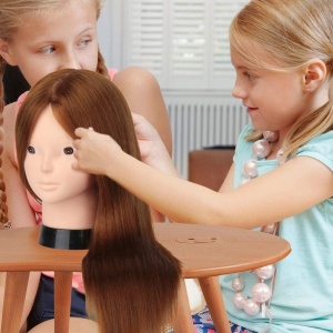 Cap de practică manechin cu păr natural uman, 55 cm, termorezistent, saten – ideal pentru tuns și coafat - Img 4