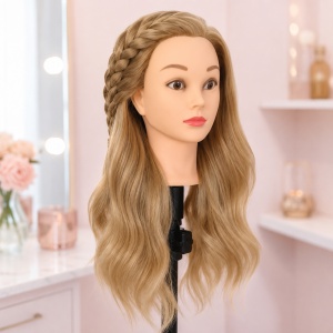 Cap de practică manechin cu păr sintetic 60 cm blond – pentru tuns, coafat, împletituri, accesorii incluse + suport de masă - Img 8