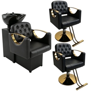 Mobilier salon frizerie cu 2 scaune coafor si scafa frizerie, Negru cu auriu
