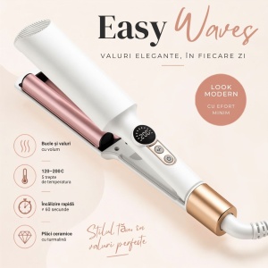 Ondulator de par in valuri pentru bucle, Placa profesionala de ondulat creponat Easy Waves, Negru Gold, Placi ceramice, 5 trepte temperatura