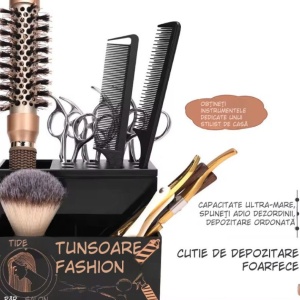 Organizator frizerie pentru ustensile – suport foarfece și perii, plastic dur, compartimentat, negru, 13.5×10.3×10.7 cm - Img 2