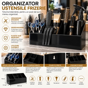 Organizator ustensile frizerie, Negru, fixare de perete sau pe masa, 5 compartimente - Img 4