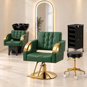 Pachet mobilier salon coafor verde smarald & gold – Set complet 5 piese premium cu scaun, scafa - Img 2