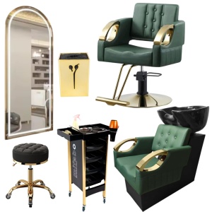 Pachet mobilier salon coafor verde smarald & gold – Set complet 6 piese premium cu scaun, scafa