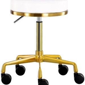 Scaun cosmetician alb cu auriu– taburet rotund hidraulic, pentru salon - Img 2