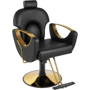 Scaun frizerie barber profesional, reglabil, cu tetiera, rabatabil pe spate, negru cu auriu