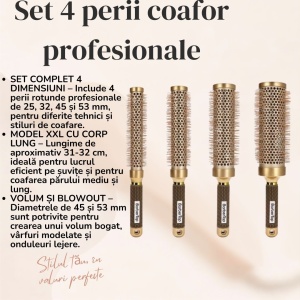 Set 4 Perii Rotunde Profesionale Coafor XXL – Aurii, 25/32/45/53 mm, Corp Lung 31-32 cm - Img 3