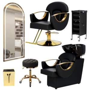 Set complet mobilier coafor 6 piese – negru cu gold, scaun frizerie, scafă, oglindă LED