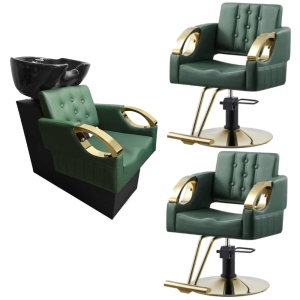 Set complet Mobilier coafor cu 2 scaune luxoase verzi cu auriu si scafa coafor - Img 2
