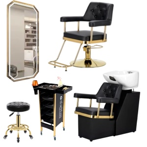 Set Complet Mobilier Coafor Tip Chesterfield, Negru cu Auriu, pentru frizerie - Img 1