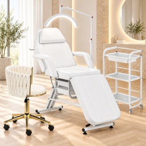 Set complet Mobilier Salon Cosmetică 4 Piese Alb | Pat cosmetica, Ucenic, Lampă LED, Scaun - Img 9