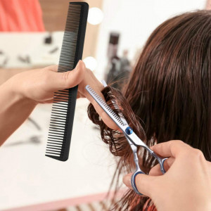 Set foarfeca de tuns si filat Belini 6" pentru frizerie coafor salon inox piepten carbon si gentuta - Img 7