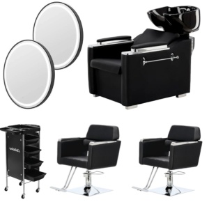 Set mobila salon cu oglinzi LED 2 scaune coafor Scafa frizerie si ucenic cosmetica, Cristine02 - Img 1