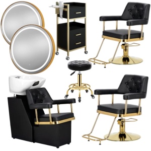 Set Mobilier coafor cu 2 scaune frizerie negre aurii, scafa coafor profesionala, oglinzi Led - Img 1
