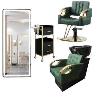 Set mobilier coafor cu scaun frizerie verde auriu, scafă profesională si post de lucru cu Led - Img 1