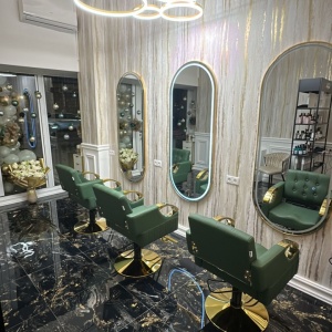 Set Mobilier coafor premium, Verde cu Auriu, cu 2 scaune coafor, 2 oglinzi led si scafa frizerie - Img 9