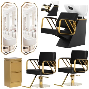 Set Mobilier frizerie cu 2 scaune coafor, 1 scafa, 2 oglinzi Led cu Auriu