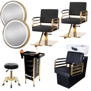 Set Mobilier frizerie cu 2 scaune coafor, 1 scafa, 2 oglinzi LED, Negru cu Auriu - Img 1