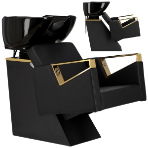 Set Mobilier frizerie cu 2 scaune coafor si scafa frizerie profesionala, negru cu auriu - Img 3