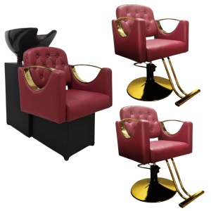 Set Mobilier Frizerie Rosu Bordo & Auriu – Scafă + 2 Scaune coafor rosii de Lux