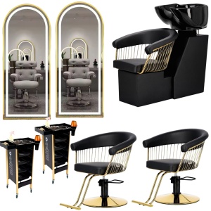 Set mobilier pentru frizerie si coafor cu 2 scaune coafor si unitate de spalare, Negru cu Gold