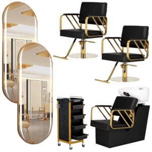 Set Mobilier salon frizerie cu 2 scaune coafor, 1 scafa, 2 oglinzi Led cu Auriu - Img 1